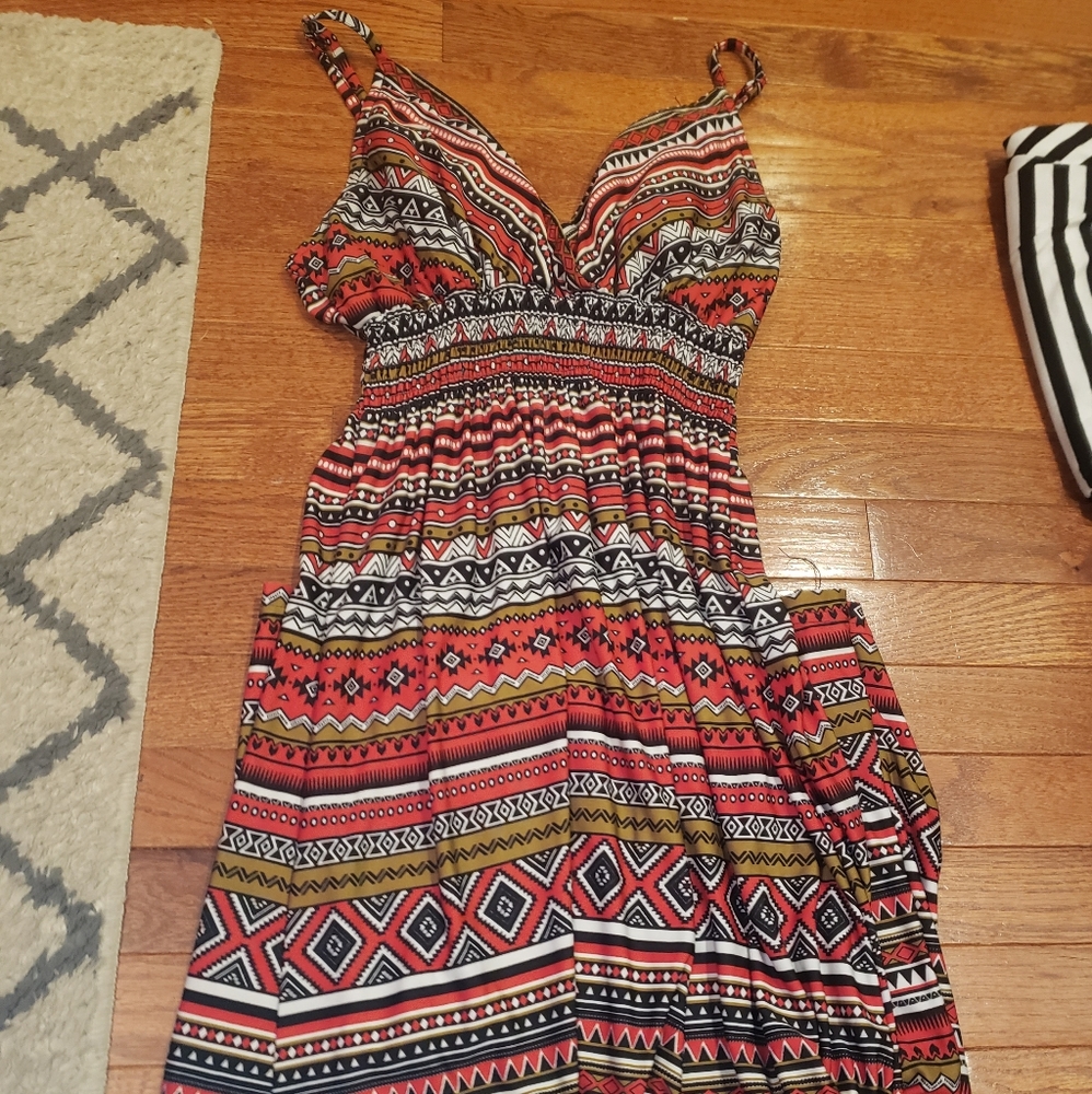 Red, black, and white maxi dress